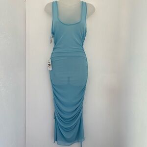 BECCA Elegant Blue Mesh Swim Coverup womens L beach pool vacation stretchy dress